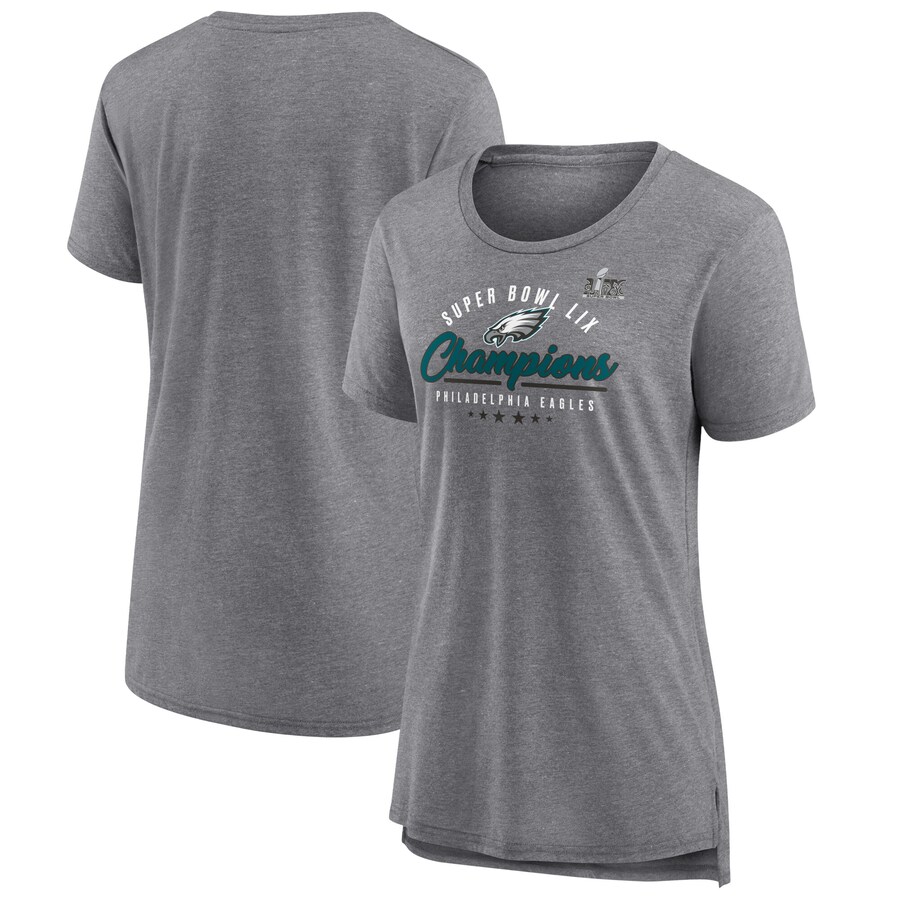 Women's Philadelphia Eagles  Fanatics Heather Gray Super Bowl LIX Champions Prestigious Run Tri-Blend Scoop Neck T-Shirt - ujerseystore