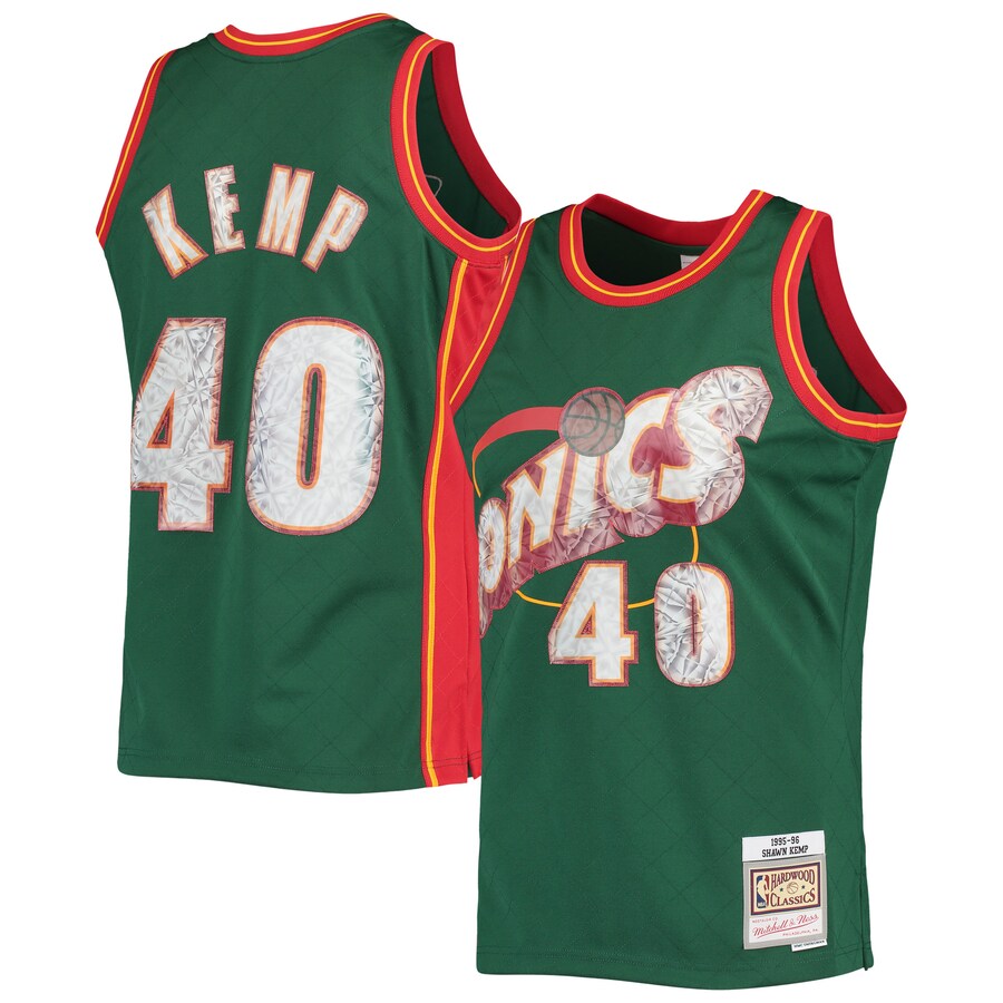 Men's Seattle SuperSonics Shawn Kemp Mitchell & Ness Green 1995/96 Hardwood Classics NBA 75th Anniversary Diamond Swingman Jersey - ujerseystore