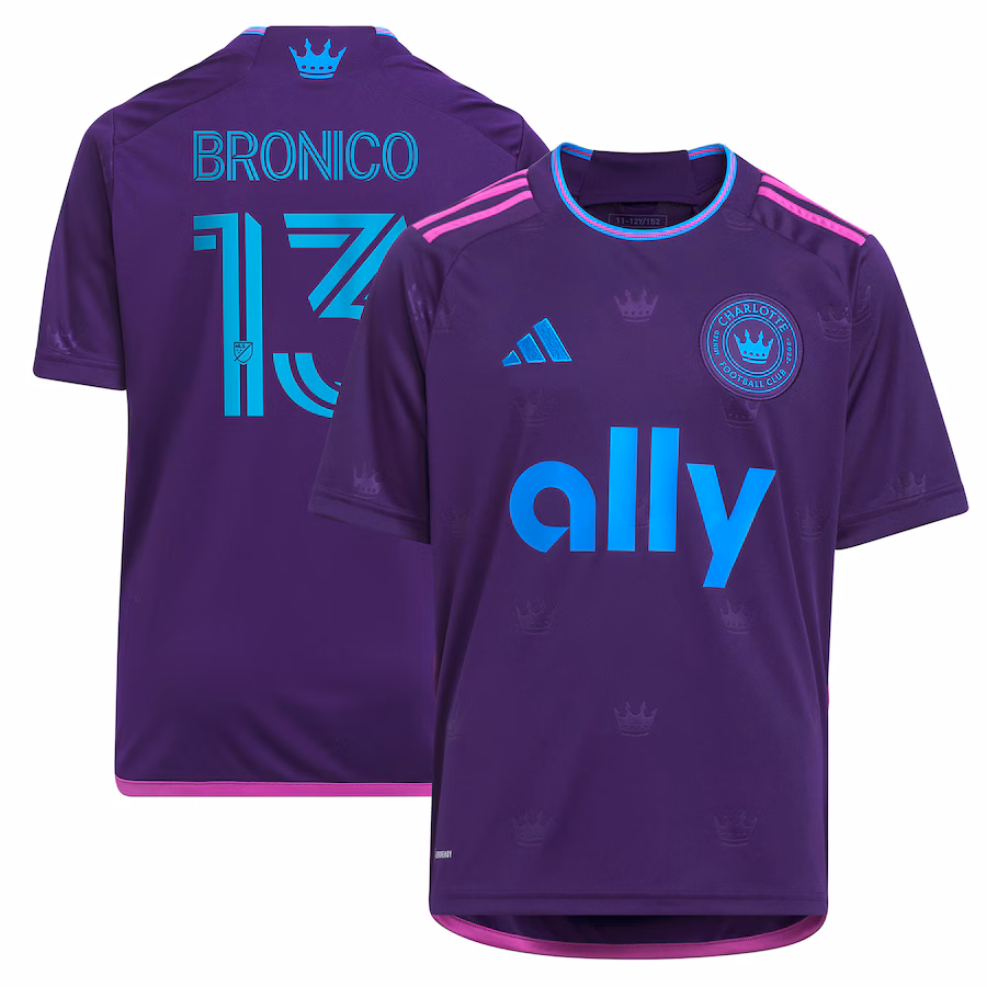 Youth Charlotte FC Brandt Bronico adidas Purple 2023 Crown Jewel Kit Replica Jersey - ujerseystore