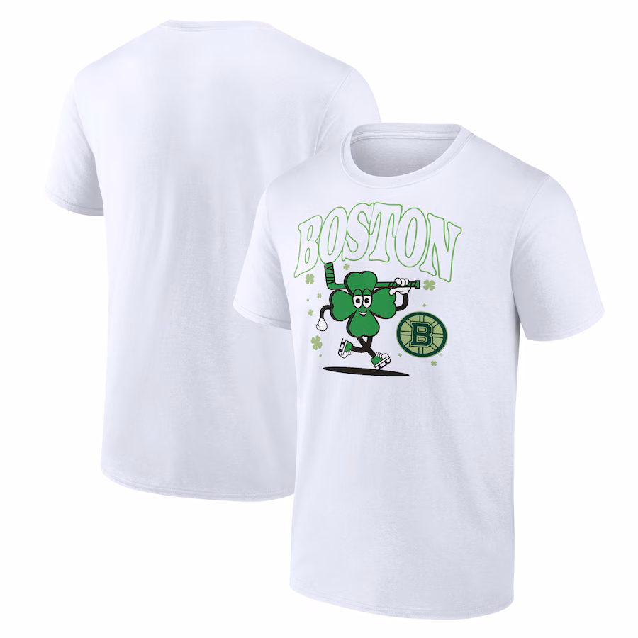 Men's Boston Bruins White Clover Mascot T-Shirt - ujerseystore