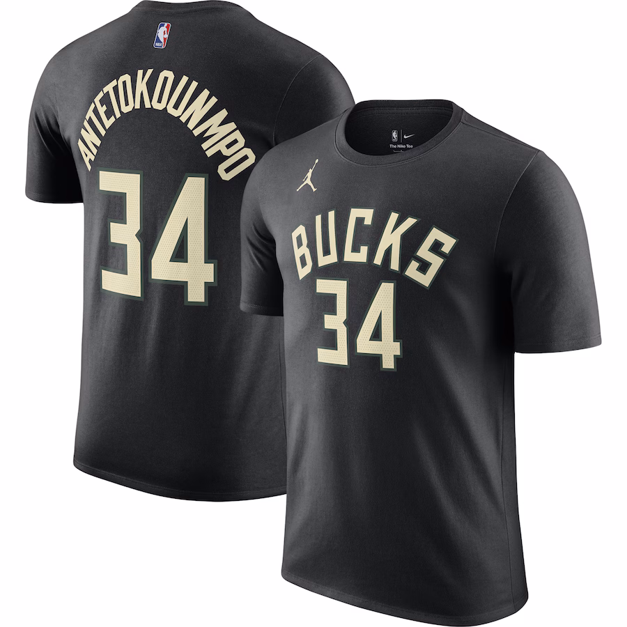 Men's Milwaukee Bucks Giannis Antetokounmpo Jordan Brand Black 2022/23 Statement Edition Name & Number T-Shirt - ujerseystore