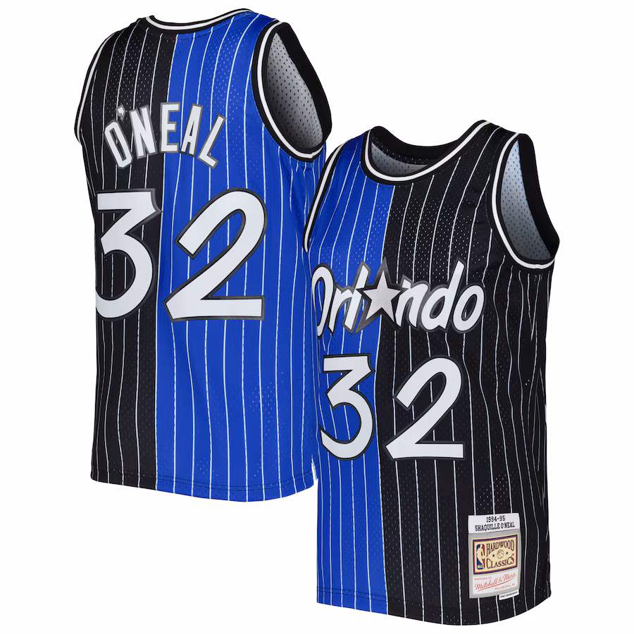 Men's Orlando Magic Shaquille O'Neal Mitchell & Ness Blue/Black Hardwood Classics 1994/95 Split Swingman Jersey - ujerseystore