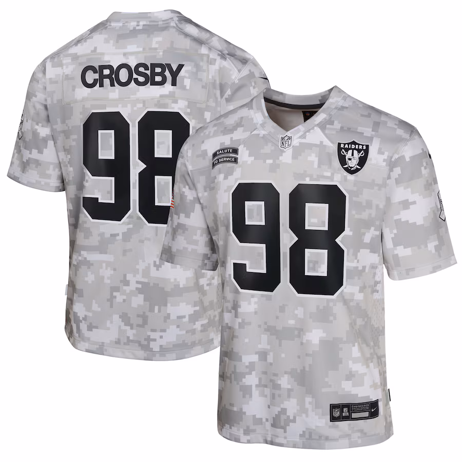 Youth Las Vegas Raiders Maxx Crosby Nike Arctic Camo 2024 Salute to Service Game Jersey - ujerseystore