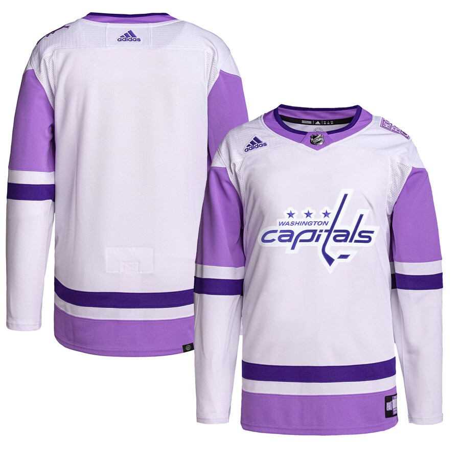 Men's Washington Capitals adidas White/Purple Hockey Fights Cancer Primegreen Authentic Blank Practice Jersey - ujerseystore