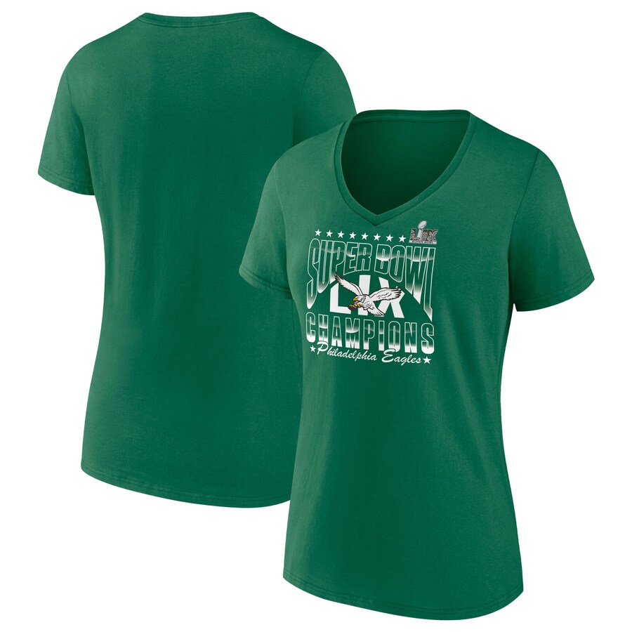 Women's Philadelphia Eagles  Fanatics Kelly Green Super Bowl LIX Champions Retro Logo V-Neck T-Shirt - ujerseystore