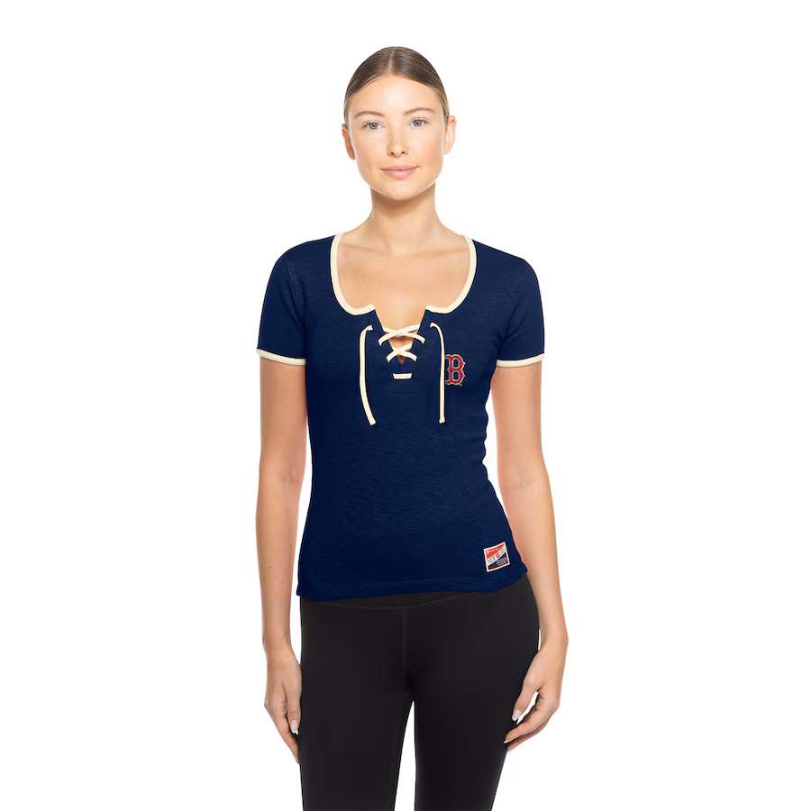 Women's Boston Red Sox New Era Navy Throwback Lace Up T-Shirt - ujerseystore