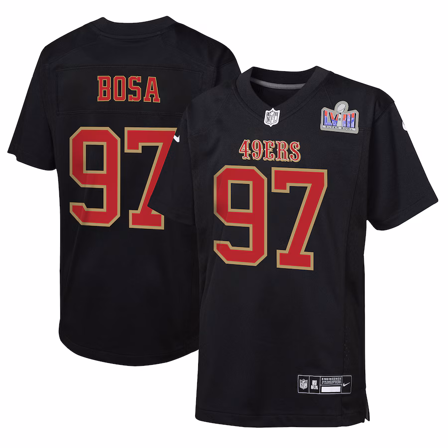 Youth San Francisco 49ers Nick Bosa Nike Black Super Bowl LVIII Patch Carbon Fashion Game Jersey - ujerseystore