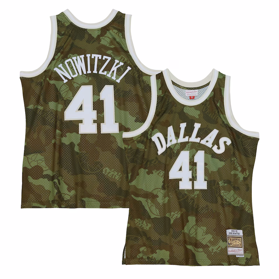 Men's Dallas Mavericks Dirk Nowitzki Mitchell & Ness Camo Hardwood Classics 1998/99 Ghost Green Swingman Jersey - ujerseystore
