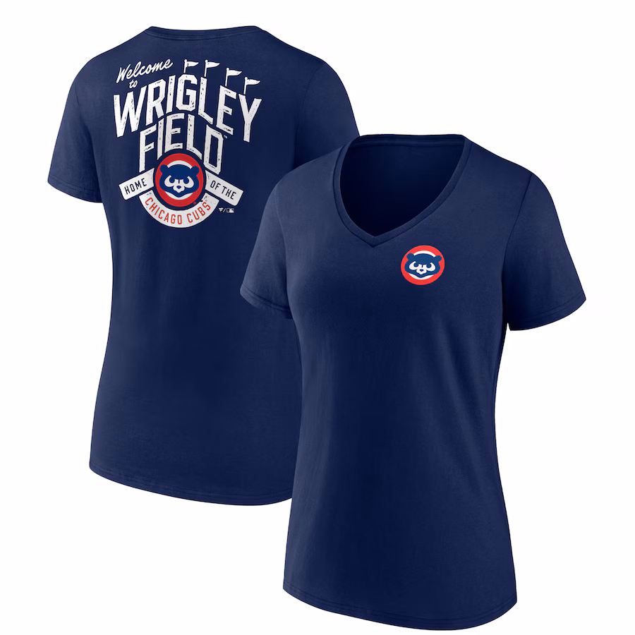 Women's Chicago Cubs Navy Hometown Collection Wrigley V-Neck T-Shirt - ujerseystore