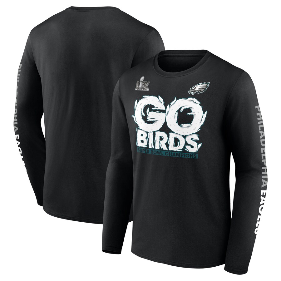 Men's Philadelphia Eagles Fanatics Black Super Bowl LIX Champions On Top Go Birds Long Sleeve T-Shirt - ujerseystore