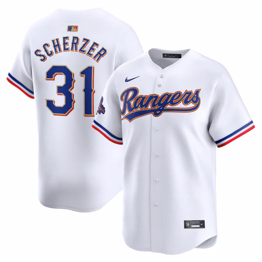 Men's Texas Rangers Max Scherzer Nike White 2024 Gold Collection Limited Player Jersey - ujerseystore