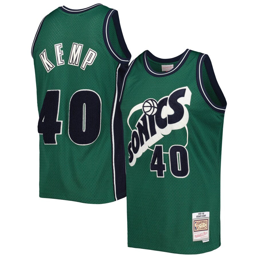 Men's Seattle SuperSonics Shawn Kemp Mitchell & Ness Green Hardwood Classics Off-Court Swingman Jersey - ujerseystore