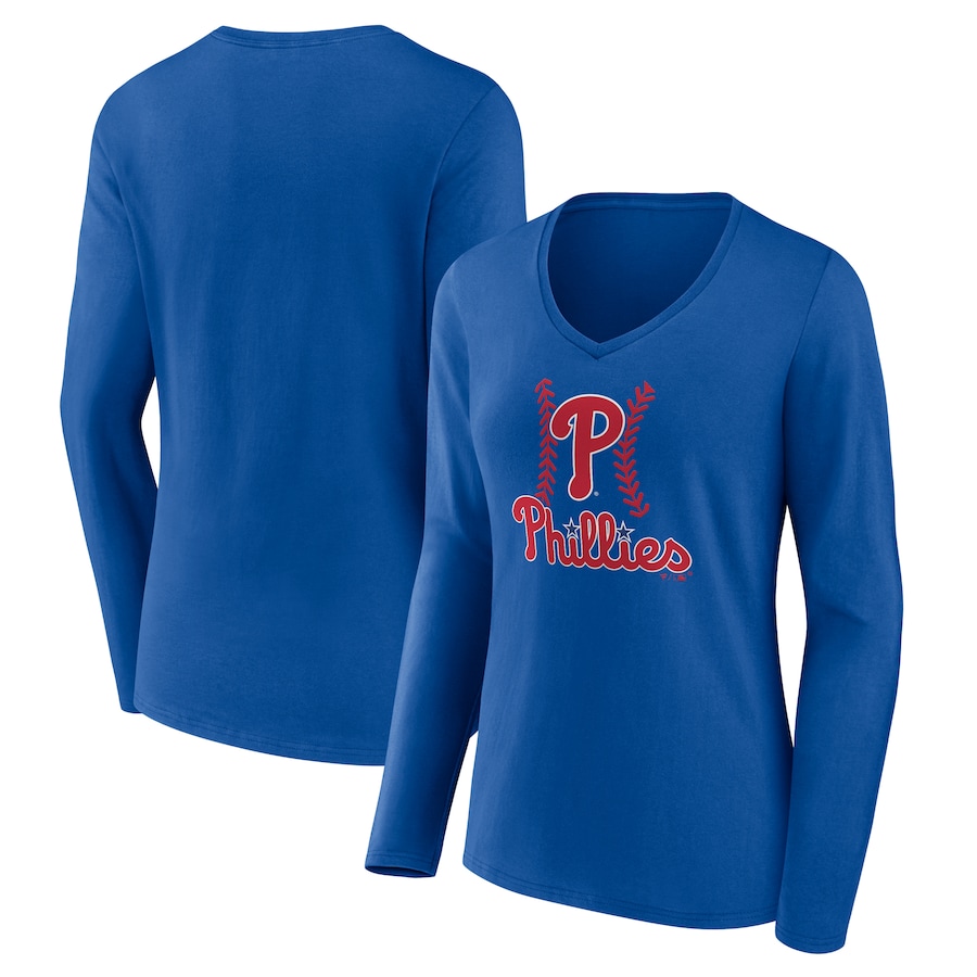 Women's Philadelphia Phillies Royal Fastball Long Sleeve V-Neck T-Shirt - ujerseystore