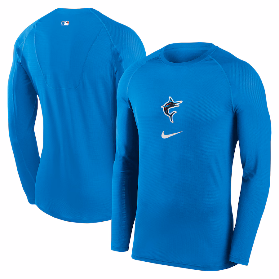 Men's Miami Marlins Nike Blue City Connect Base Layer Raglan Long Sleeve Performance T-Shirt - ujerseystore