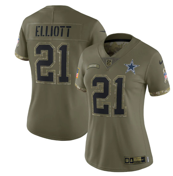 Women's Dallas Cowboys #21 Ezekiel Elliott 2022 Olive Salute To Service Limited Stitched Jersey(Run Small) - ujerseystore