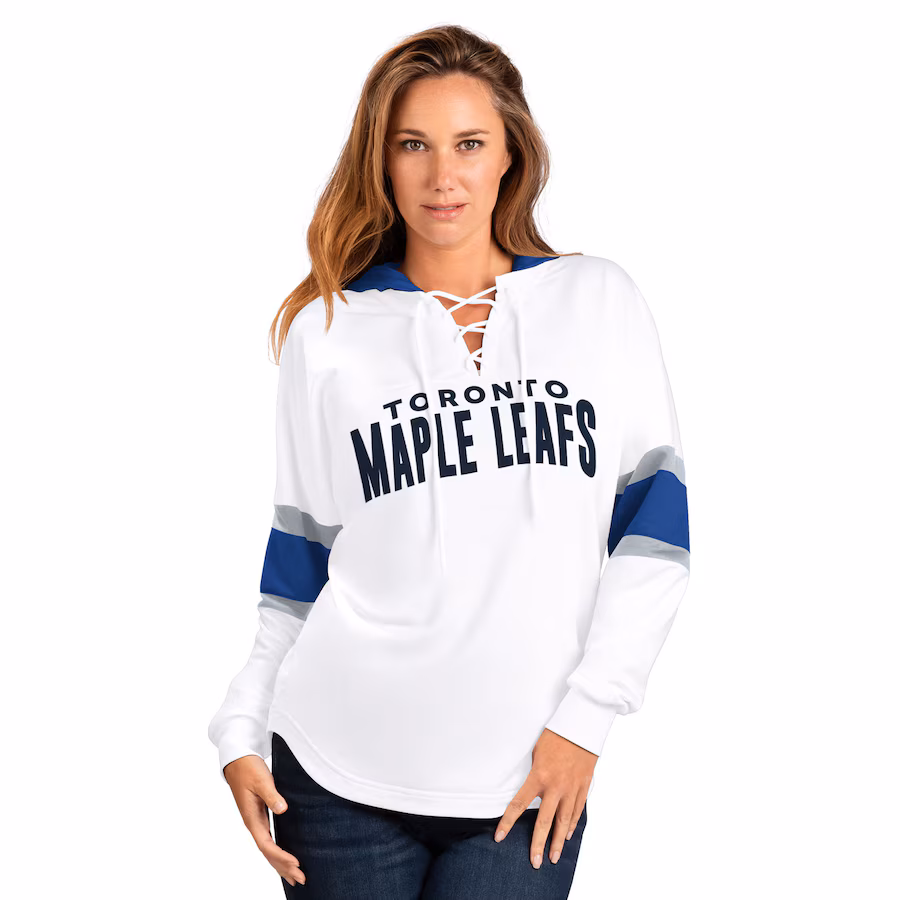 Women's Toronto Maple Leafs G-III 4Her by Carl Banks White Goal Zone Long Sleeve Lace-Up Hoodie T-Shirt - ujerseystore