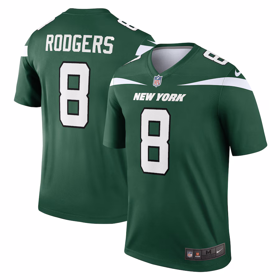 Men's New York Jets Aaron Rodgers Nike Gotham Green Team Legend Player Performance Top - ujerseystore