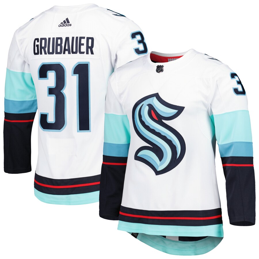 Men's Seattle Kraken Philipp Grubauer adidas White Away Primegreen Authentic Pro Player Jersey - ujerseystore