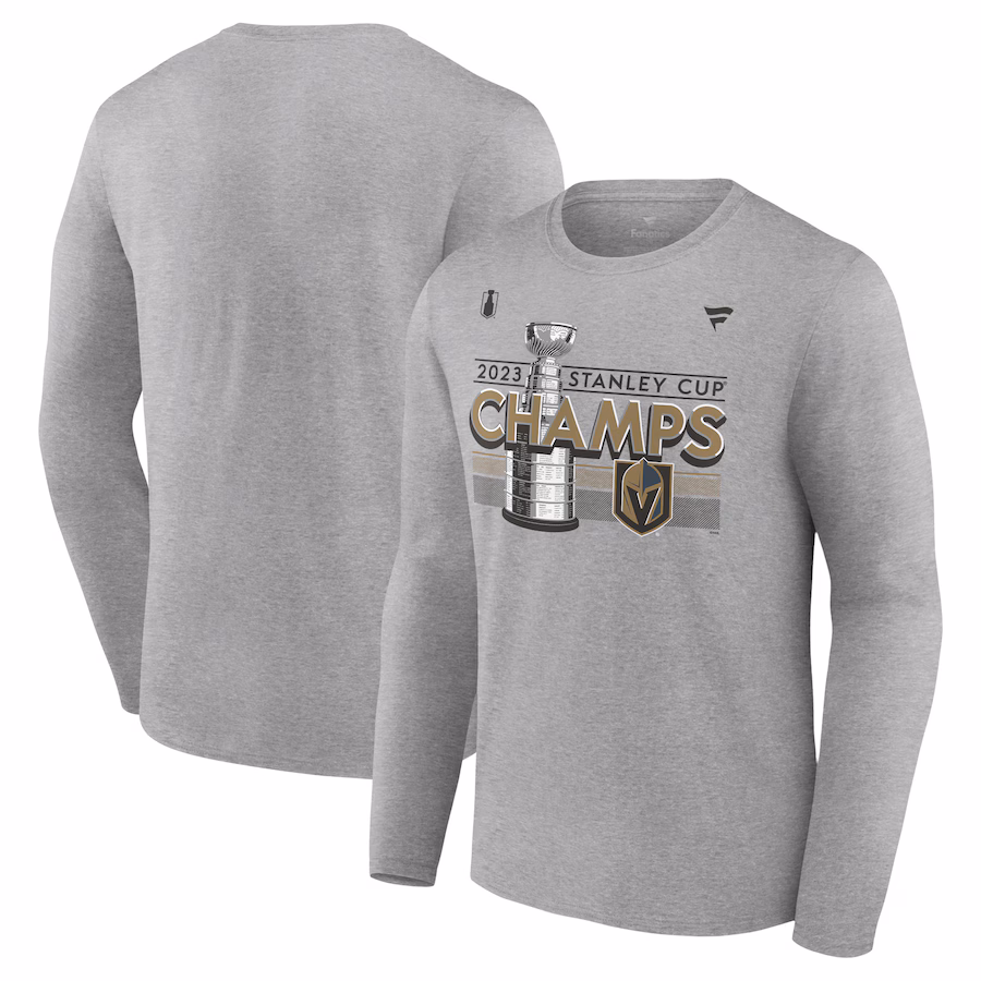 Men's Vegas Golden Knights Fanatics Heather Gray 2023 Stanley Cup Champions Locker Room Long Sleeve T-Shirt - ujerseystore