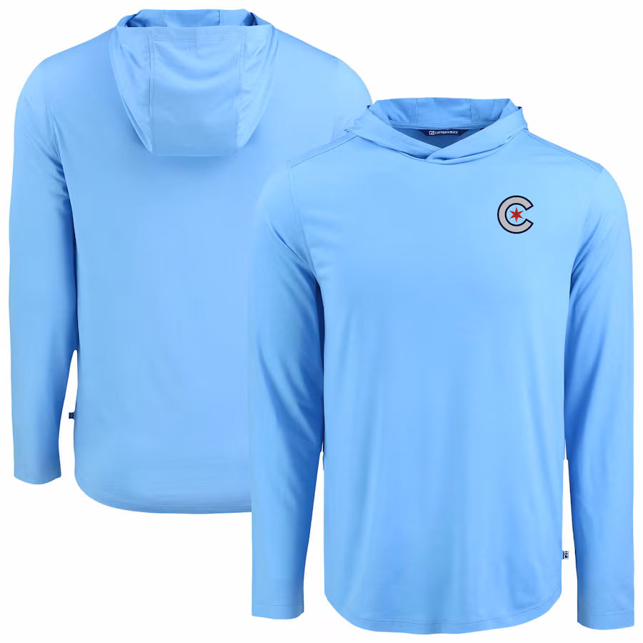 Men's Chicago Cubs Cutter & Buck Powder Blue Coastline Epic Comfort Recycled Eco Hoodie Long Sleeve T-Shirt - ujerseystore