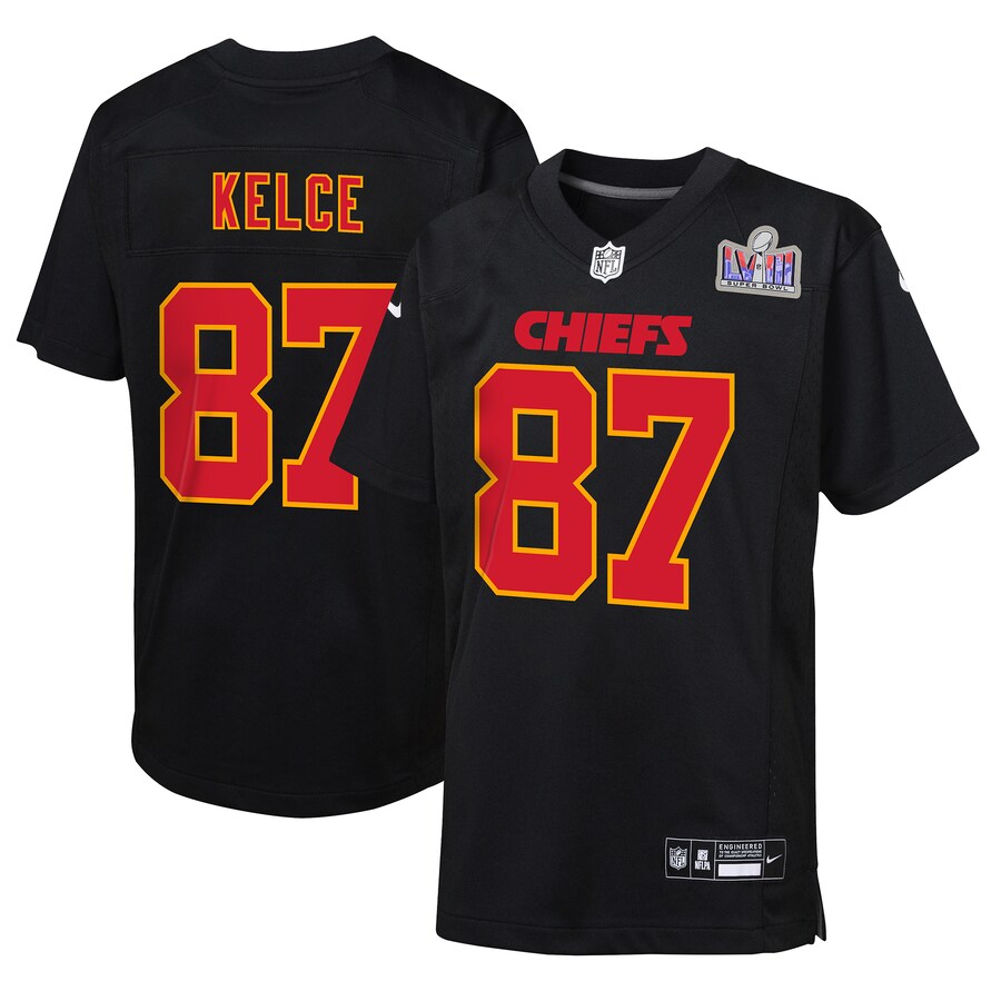 Youth Kansas City Chiefs Travis Kelce Nike Black Super Bowl LVIII Patch Carbon Fashion Game Jersey - ujerseystore