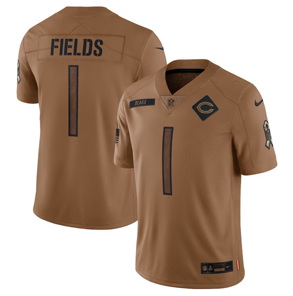 Men's Chicago Bears #1 Justin Fields 2023 Brown Salute To Service Limited Football Stitched Jersey - ujerseystore