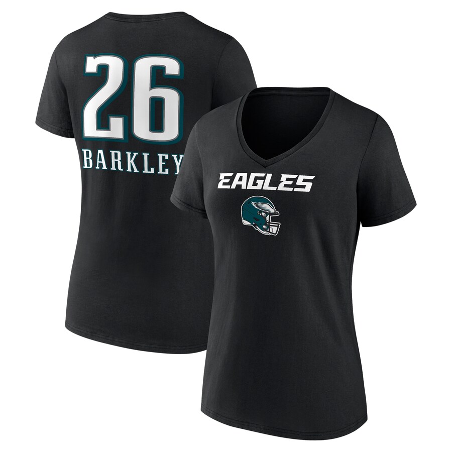 Women's Philadelphia Eagles Saquon Barkley Black Name & Number Team Wordmark V-Neck T-Shirt - ujerseystore
