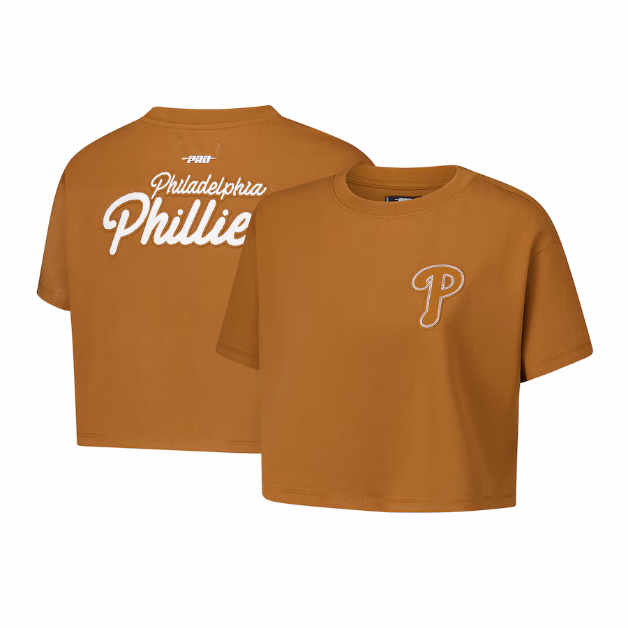 Women's Philadelphia Phillies Pro Standard Brown Paint The City Cropped Boxy T-Shirt - ujerseystore