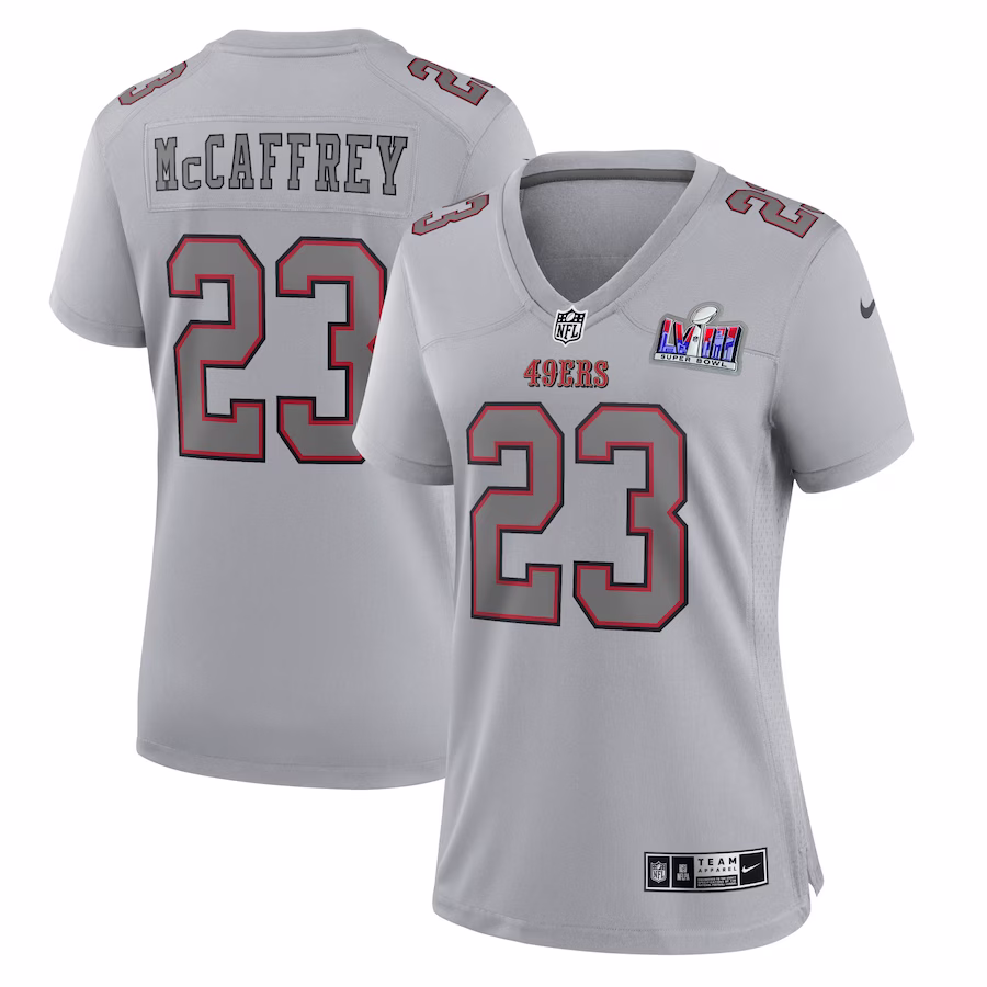 Women's San Francisco 49ers Christian McCaffrey Nike Gray Super Bowl LVIII Atmosphere Fashion Game Jersey - ujerseystore