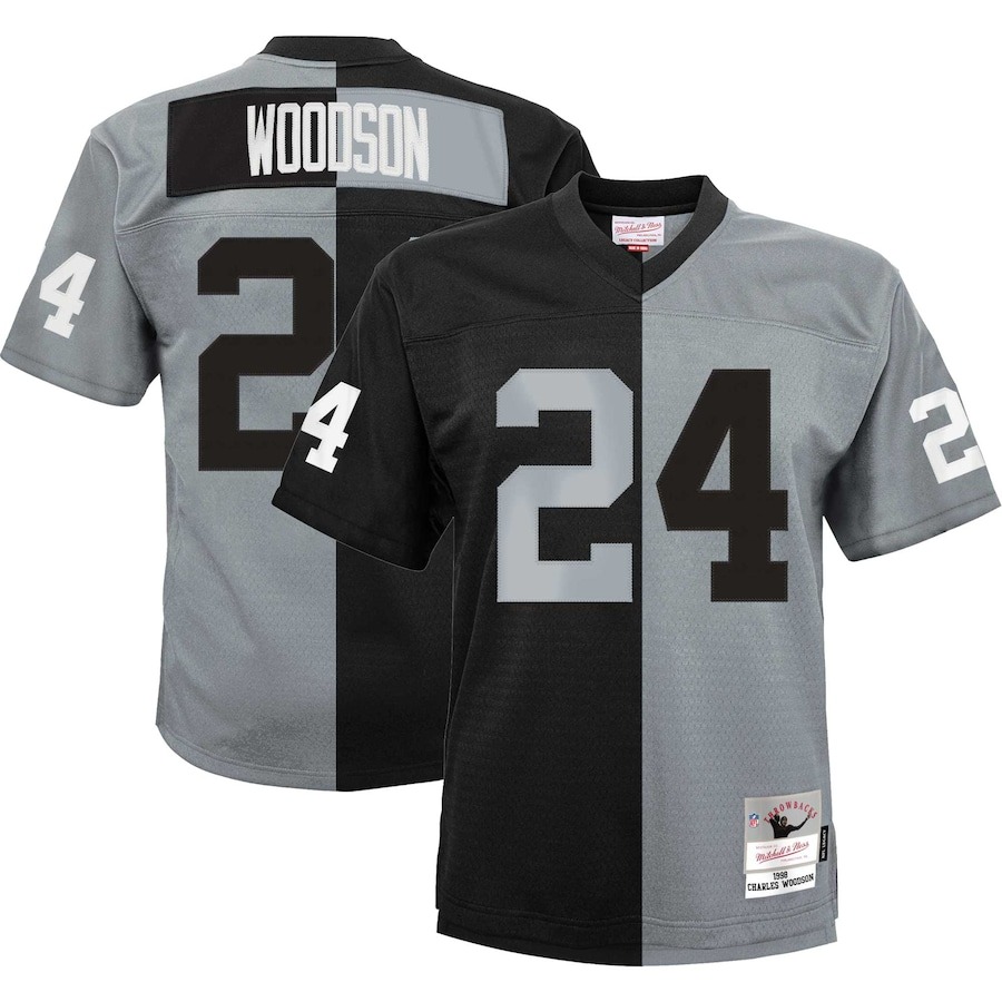 Youth Las Vegas Raiders Charles Woodson Mitchell & Ness Black/Silver Split Legacy Jersey - ujerseystore