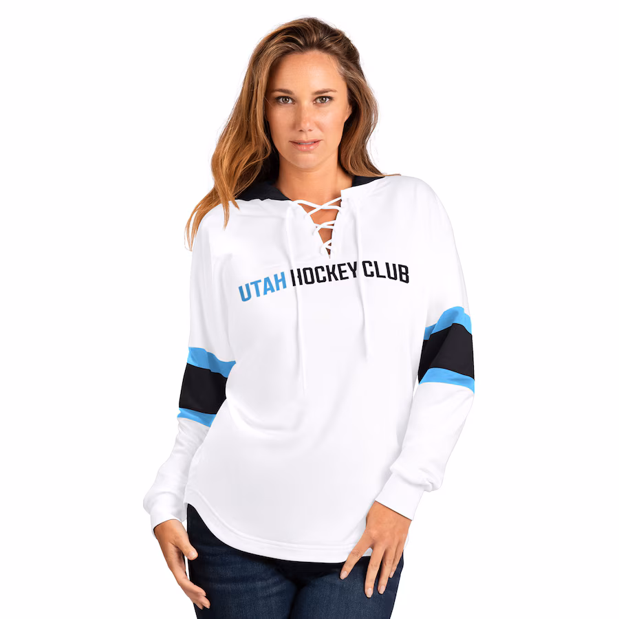 Women's Utah Hockey Club G-III 4Her by Carl Banks White Goal Zone Long Sleeve Lace-Up Hoodie T-Shirt - ujerseystore