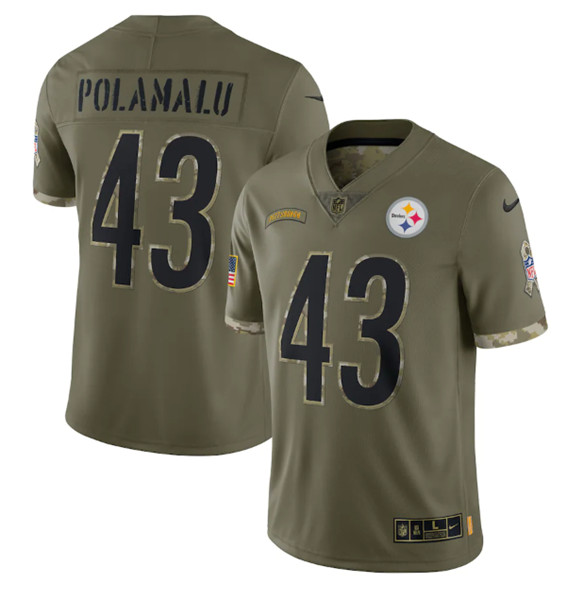 Men's Pittsburgh Steelers #43 Troy Polamalu 2022 Olive Salute To Service Limited Stitched Jersey - ujerseystore