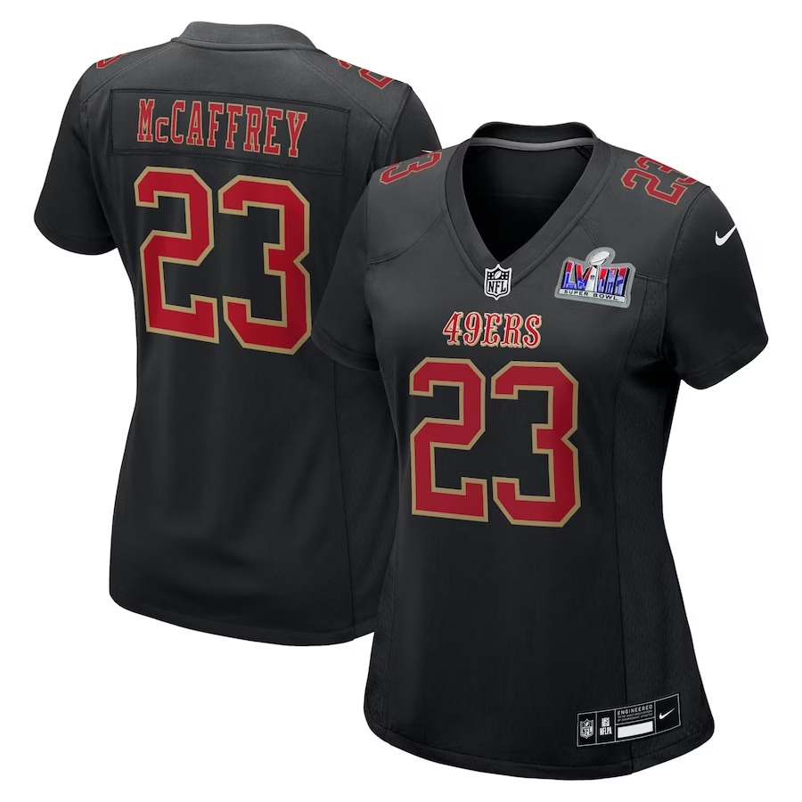 Women's San Francisco 49ers Christian McCaffrey Nike Black Super Bowl LVIII Carbon Fashion Game Player Jersey - ujerseystore