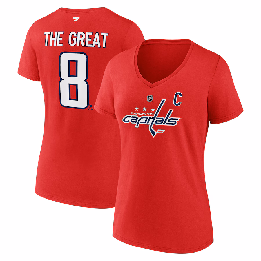 Women's Washington Capitals Alexander Ovechkin Fanatics Athletic Red NHL All-Time Leading Goal Scorer The Great 8 Name & Number V-Neck T-Shirt - ujerseystore