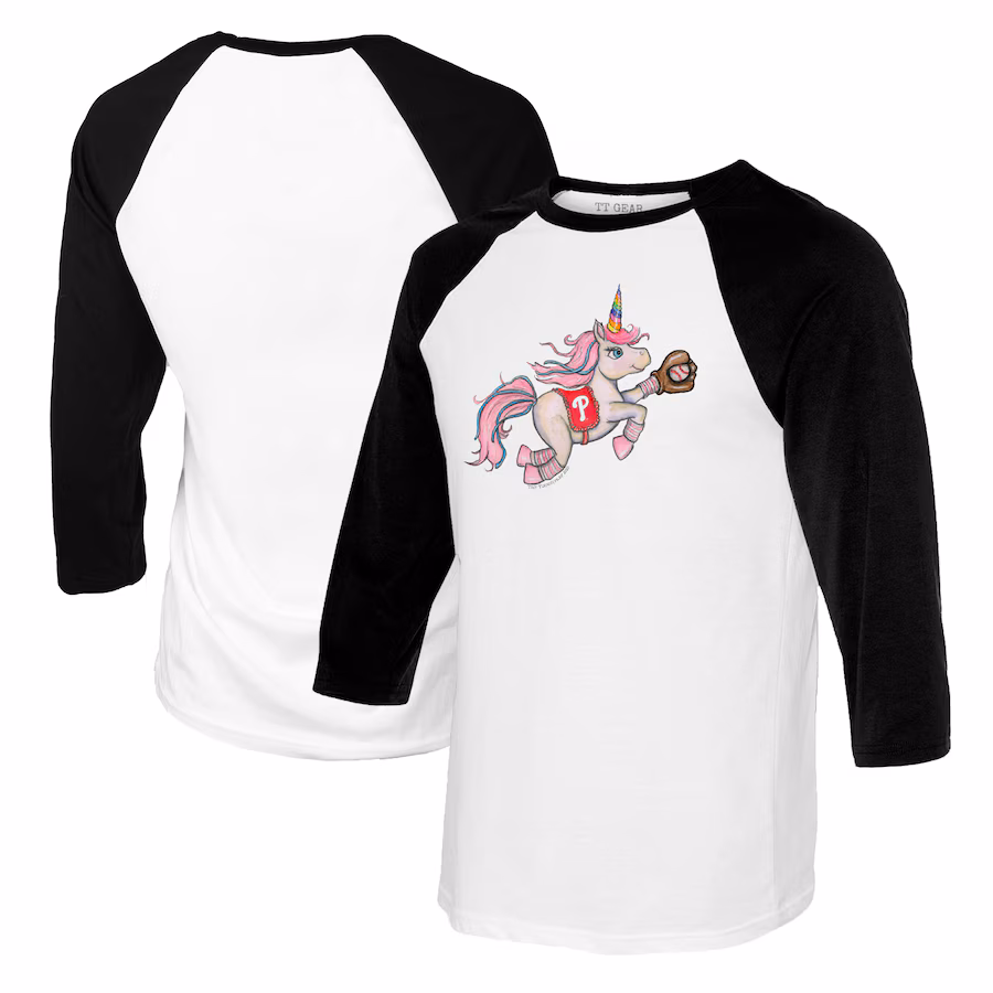 Youth Philadelphia Phillies Tiny Turnip White/Black Unicorn Raglan 3/4 Sleeve T-Shirt - ujerseystore