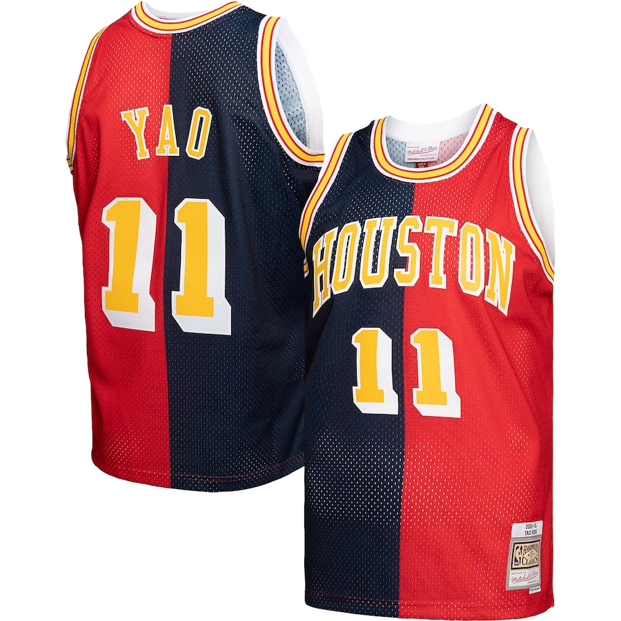 Men's Houston Rockets Yao Ming Mitchell & Ness Navy/Red Hardwood Classics 2004/05 Split Swingman Jersey - ujerseystore