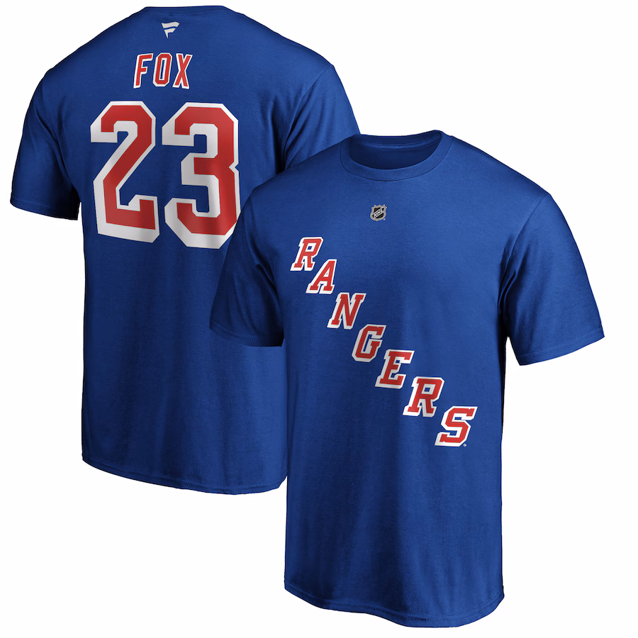 Men's New York Rangers Adam Fox Fanatics Blue Authentic Stack Name & Number T-Shirt - ujerseystore