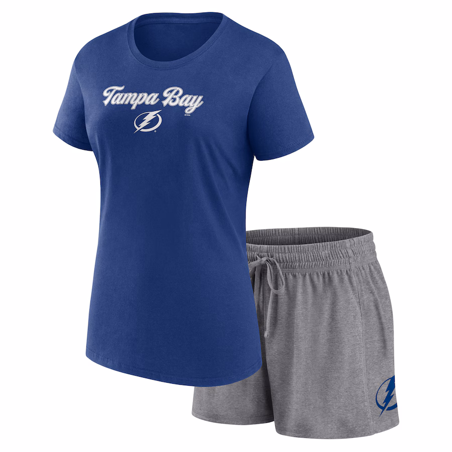 Women's Tampa Bay Lightning Fanatics Blue/Gray Script T-Shirt & Shorts Set - ujerseystore