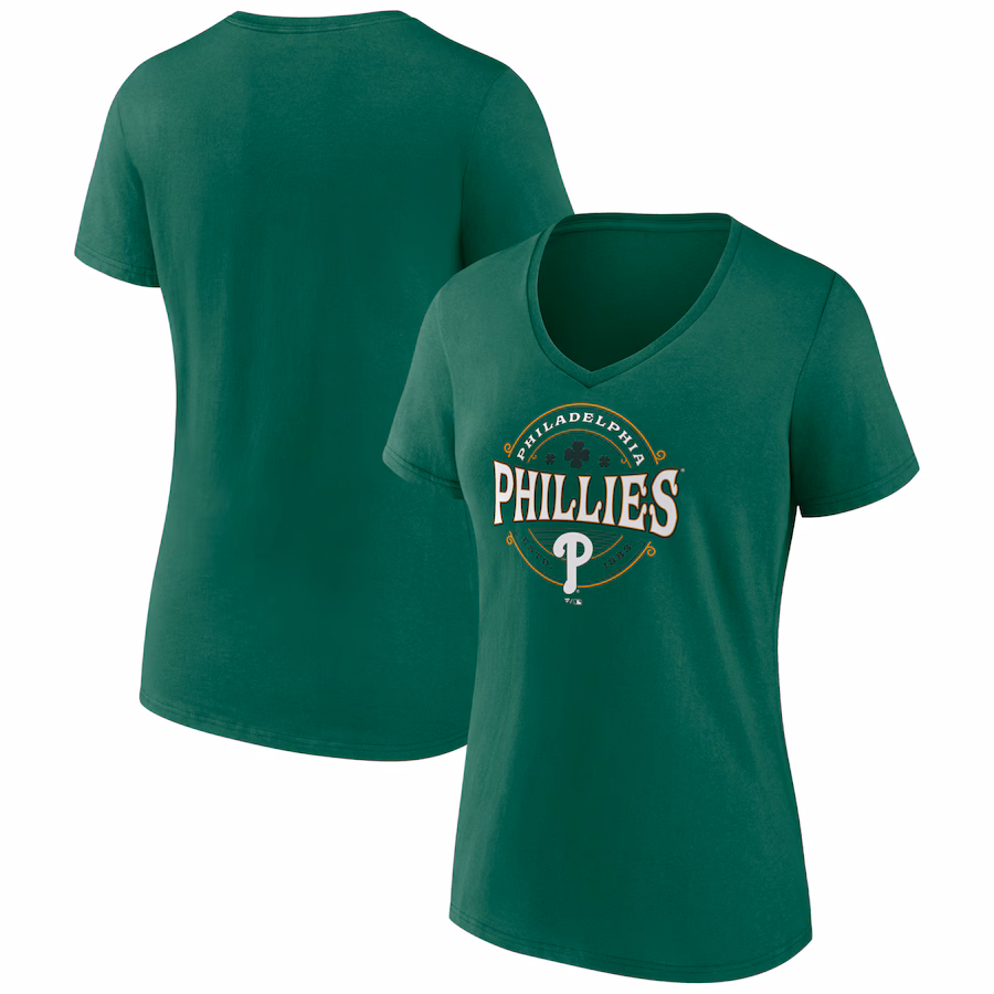 Women's Philadelphia Phillies Kelly Green St. Patrick's Day Lucky V-Neck T-Shirt - ujerseystore