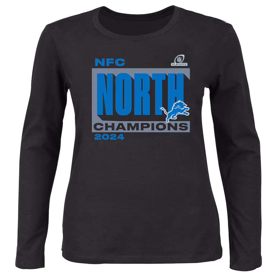 Women's Detroit Lions Fanatics Black 2024 NFC North Division Champions Plus Size Long Sleeve Scoop Neck T-Shirt - ujerseystore