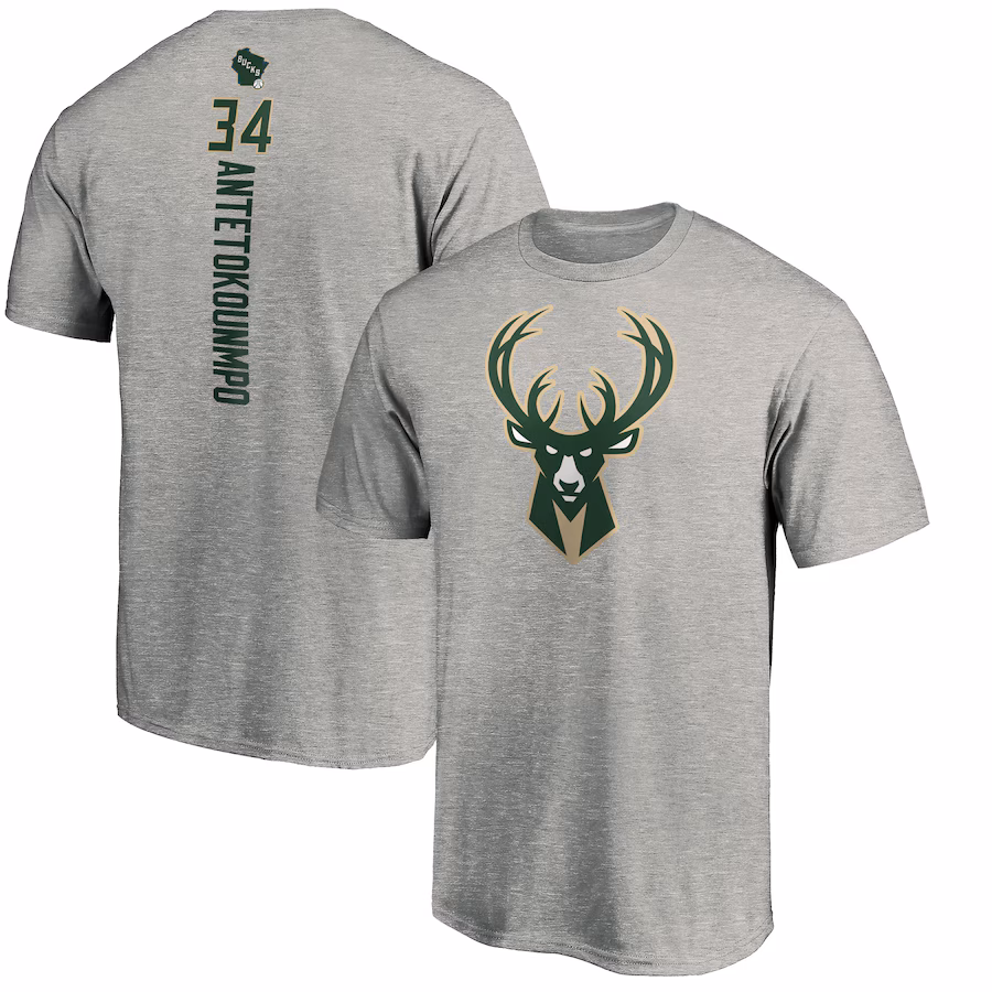 Men's Milwaukee Bucks Giannis Antetokounmpo Heathered Gray Playmaker Name & Number Team T-Shirt - ujerseystore