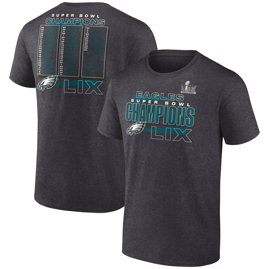 Men's Philadelphia Eagles Fanatics Heather Charcoal Super Bowl LIX Champions Roster T-Shirt - ujerseystore