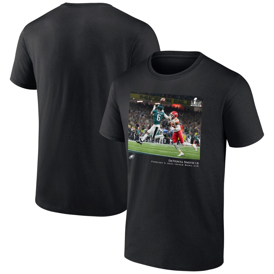Men's Philadelphia Eagles DeVonta Smith Black NFL Flash Features Super Bowl LIX Champions T-Shirt - ujerseystore