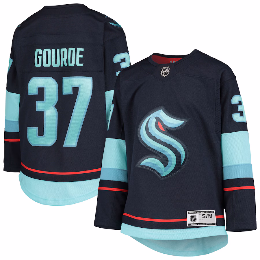Youth Seattle Kraken Yanni Gourde Deep Sea Blue Home Premier Player Jersey - ujerseystore