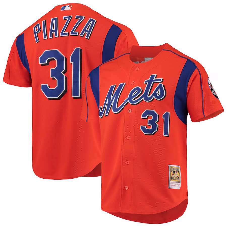 Men's New York Mets Mike Piazza Mitchell & Ness Orange Cooperstown Collection Mesh Batting Practice Button-Up Jersey - ujerseystore