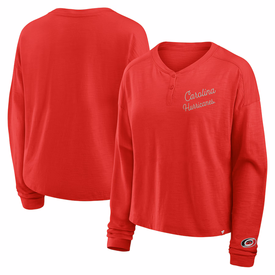 Women's Carolina Hurricanes Fanatics Red Oversized All Out Effort Long Sleeve Henley T-Shirt - ujerseystore