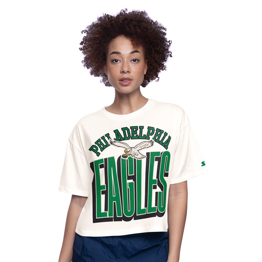 Women's Philadelphia Eagles  Starter White Throwback Play the Ball Boxy Cropped T-Shirt - ujerseystore