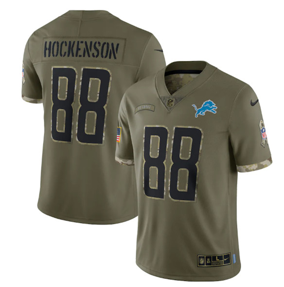 Men's Detroit Lions #88 T. J. Hockenson 2022 Olive Salute To Service Limited Stitched Jersey - ujerseystore