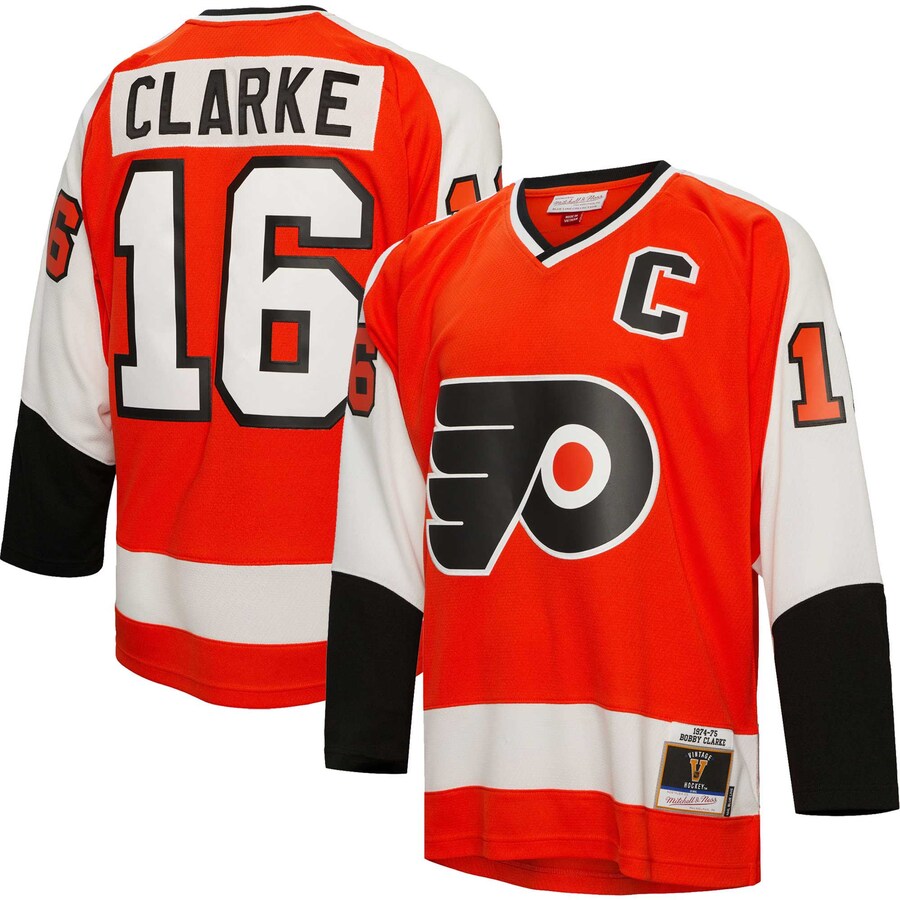 Men's Philadelphia Flyers Bobby Clarke Mitchell & Ness Orange 1974/75 Captain Patch Blue Line Player Jersey - ujerseystore