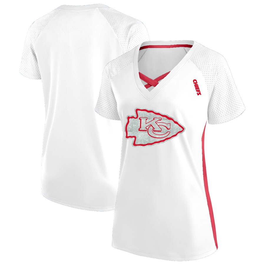 Women's Kansas City Chiefs Fanatics White Plus Size Glitter Lace-Up V- Neck T-Shirt - ujerseystore